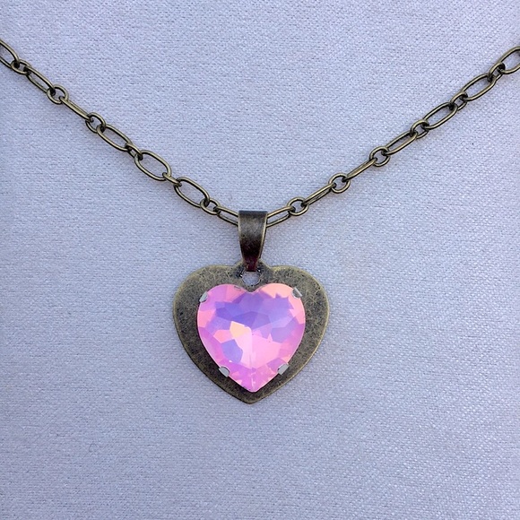 Pink Opal Aurora Borealis Crystal Heart Pendant Necklace - Picture 8 of 16